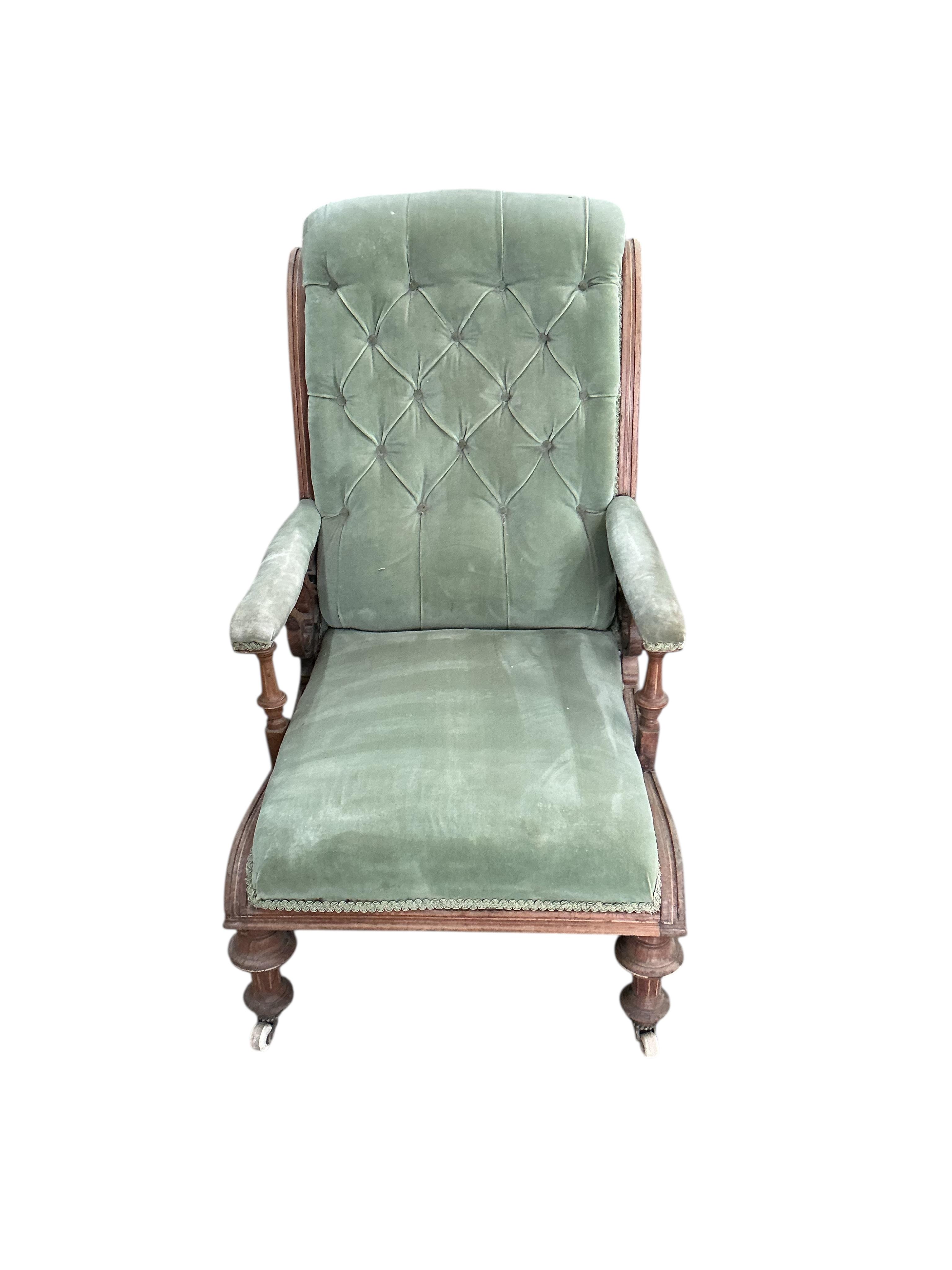 A late Victorian inlaid carved walnut armchair, width 58cm, depth 70cm, height 84cm